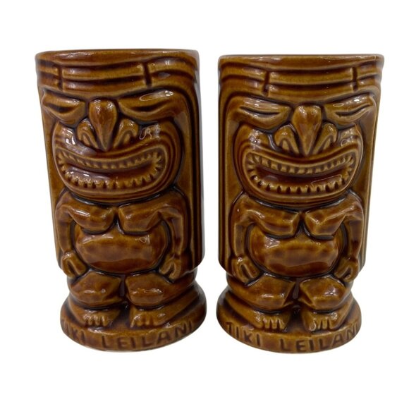 Mccoy Other - Vintage McCoy Tiki Leilani Hawaii Tiki Tumbler Mug USA Cup Brown Vase Set of 2